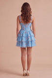 Blue Floral Corset Ruffled A Line Short Cocktail Dress