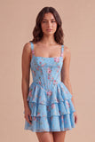 Blue Floral Corset Ruffled A Line Short Cocktail Dress