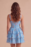 Blue Floral Corset Ruffled A Line Short Cocktail Dress