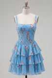 Blue Floral Corset Ruffled A Line Short Cocktail Dress
