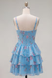 Blue Floral Corset Ruffled A Line Short Cocktail Dress