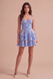 Blue Floral Corset Ruffled A Line Short Cocktail Dress