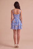 Blue Floral Corset Ruffled A Line Short Cocktail Dress