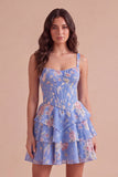 Blue Floral Corset Ruffled A Line Short Cocktail Dress
