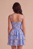 Blue Floral Corset Ruffled A Line Short Cocktail Dress