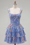 Blue Floral Corset Ruffled A Line Short Cocktail Dress