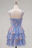 Blue Floral Corset Ruffled A Line Short Cocktail Dress