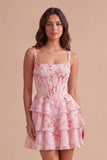 Blue Floral Corset Ruffled A Line Short Cocktail Dress