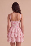 Blue Floral Corset Ruffled A Line Short Cocktail Dress