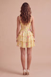 Blue Floral Corset Ruffled A Line Short Cocktail Dress