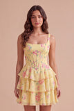 Blue Floral Corset Ruffled A Line Short Cocktail Dress