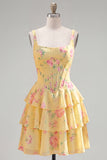 Blue Floral Corset Ruffled A Line Short Cocktail Dress