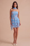 Yellow Ruffled Neck Scarf Floral Short Cocktail Dress