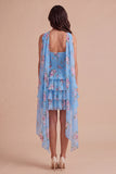 Yellow Ruffled Neck Scarf Floral Short Cocktail Dress