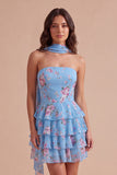 Yellow Ruffled Neck Scarf Floral Short Cocktail Dress