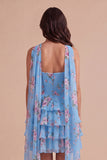 Yellow Ruffled Neck Scarf Floral Short Cocktail Dress