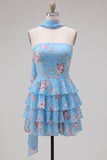 Yellow Ruffled Neck Scarf Floral Short Cocktail Dress