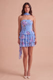 Yellow Ruffled Neck Scarf Floral Short Cocktail Dress