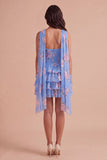 Yellow Ruffled Neck Scarf Floral Short Cocktail Dress
