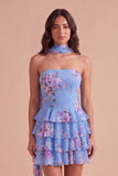Yellow Ruffled Neck Scarf Floral Short Cocktail Dress