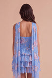 Yellow Ruffled Neck Scarf Floral Short Cocktail Dress