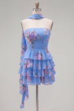 Yellow Ruffled Neck Scarf Floral Short Cocktail Dress