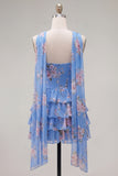 Yellow Ruffled Neck Scarf Floral Short Cocktail Dress
