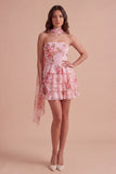 Yellow Ruffled Neck Scarf Floral Short Cocktail Dress
