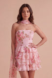 Yellow Ruffled Neck Scarf Floral Short Cocktail Dress
