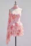Yellow Ruffled Neck Scarf Floral Short Cocktail Dress