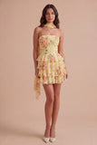 Yellow Ruffled Neck Scarf Floral Short Cocktail Dress