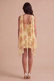 Yellow Ruffled Neck Scarf Floral Short Cocktail Dress