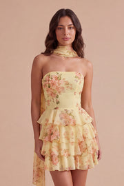 Yellow Ruffled Neck Scarf Floral Short Cocktail Dress