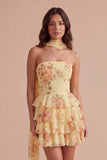 Yellow Ruffled Neck Scarf Floral Short Cocktail Dress