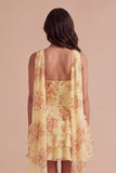 Yellow Ruffled Neck Scarf Floral Short Cocktail Dress