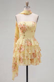 Yellow Ruffled Neck Scarf Floral Short Cocktail Dress