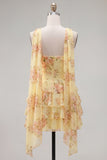 Yellow Ruffled Neck Scarf Floral Short Cocktail Dress