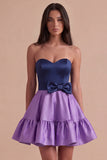 Navy Purple Satin Sweetheart Short Cocktail Dress with Bow