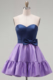 Navy Purple Satin Sweetheart Short Cocktail Dress with Bow