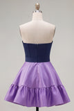Navy Purple Satin Sweetheart Short Cocktail Dress with Bow