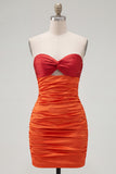 Red Orange Ruched Sweetheart Bodycon Short Cocktail Dress