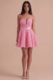 Pink Floral Strapless A Line Short Cocktail Dress