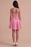 Pink Floral Strapless A Line Short Cocktail Dress