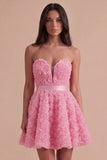 Pink Floral Strapless A Line Short Cocktail Dress