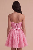 Pink Floral Strapless A Line Short Cocktail Dress