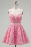 Pink Floral Strapless A Line Short Cocktail Dress