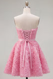 Pink Floral Strapless A Line Short Cocktail Dress