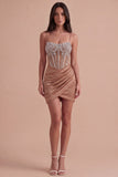 Sparkly Khaki Corset Short Cocktail Dress with Rhinestones