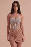 Sparkly Khaki Corset Short Cocktail Dress with Rhinestones