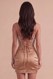Sparkly Khaki Corset Short Cocktail Dress with Rhinestones